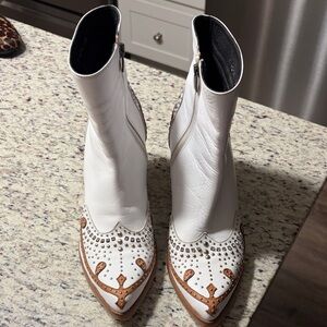 Elegant White and Brown Studded Ankle Boots